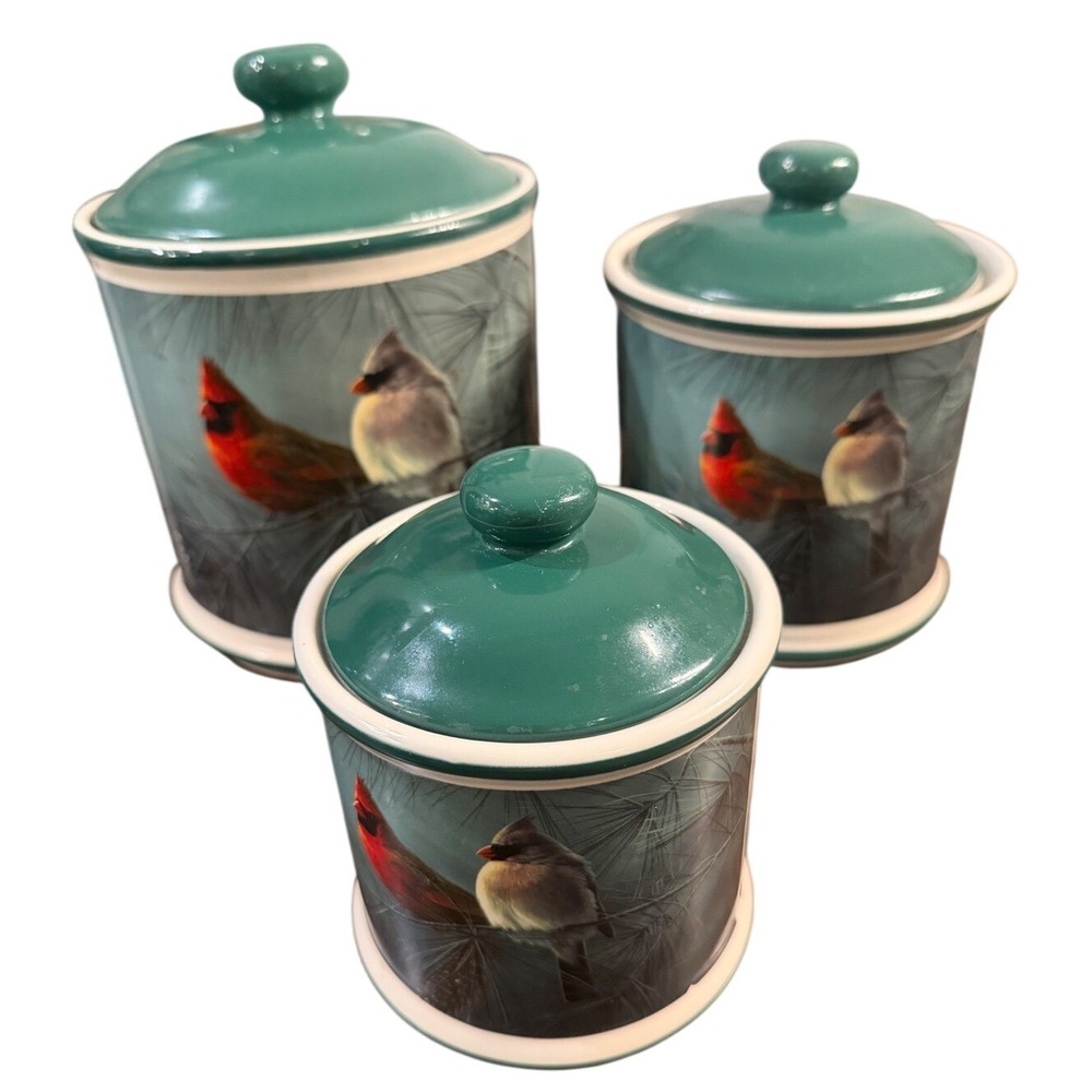 Vintage 2003 Hautman Brothers Ceramic Cardinal Kitchen Canister Set 3 pc
